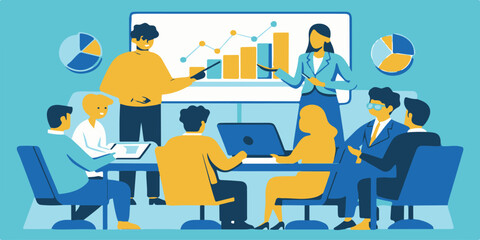 Cartoon vector illustration of business people meeting at a desk with a computer and a laptop in an office room