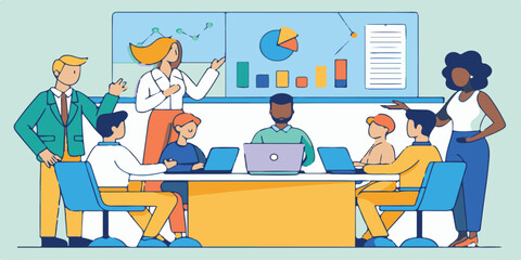 Cartoon vector illustration of business people meeting at an office desk