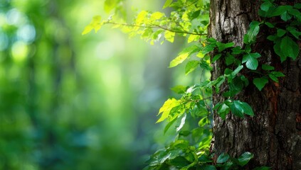 Obraz premium Sunlight streams through the lush green foliage, illuminating a textured tree trunk in a vibrant forest setting.