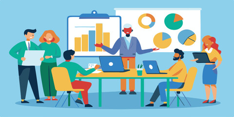 Vector illustration of a business team of people working together in an office setting