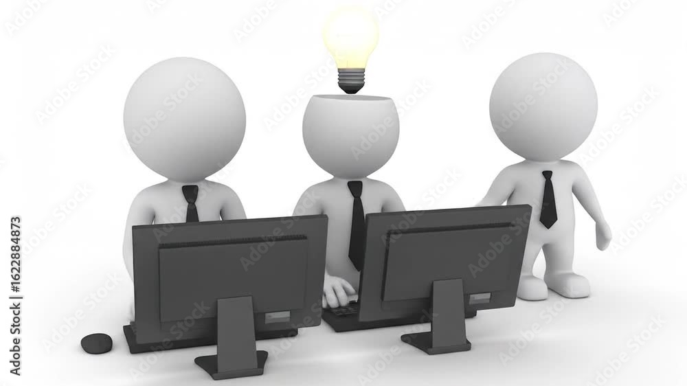 Poster Team of Three White Figures Working at Desks with Black Computer Monitors and Glowing Lightbulb on a White Background Representing Innovation