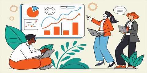Cartoon vector illustration of business people working on a graph and laptop