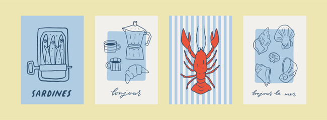 Set of Mediterranean summer whimsical print stamps. Coquette coastal hand drawn vector poster collection. Nautical decorative fun Italian retro cards. Perfect for summer sea vacation