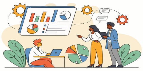 Cartoon vector drawing of a man and woman working together in an office