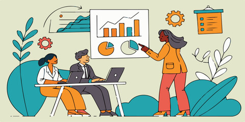 Business woman working on laptop in office illustration