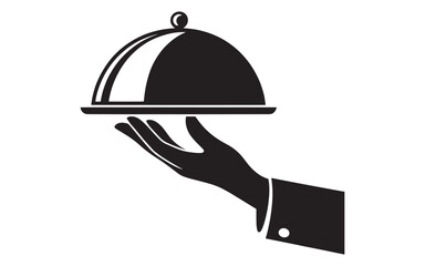 Fototapeta premium Black silhouette hand holding food serving cloche vector