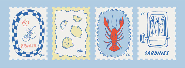 Set of Mediterranean summer whimsical print stamps. Coquette coastal hand drawn vector poster collection. Nautical decorative fun Italian retro cards. Perfect for summer sea vacation