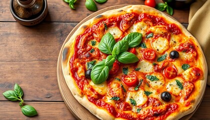A rustic wooden table holds a pizza topped with fresh basil, mozzarella, cuisine