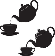 Tea pouring into cups from a teapot in black and white vector cartoon perfect for beverage concepts relaxation tea time cafes afternoon break and warm drink icon themes