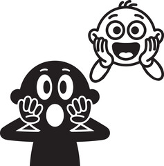 Surprised and shocked cartoon face characters in black and white vector style with wide eyes and open mouth expressions