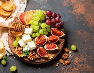 Fruit and cheese board with grapes, figs and nuts