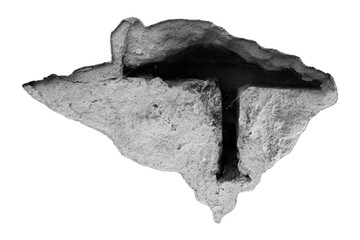 Isolated chunk of concrete wall with T shaped hole transparent background PNG for design projects