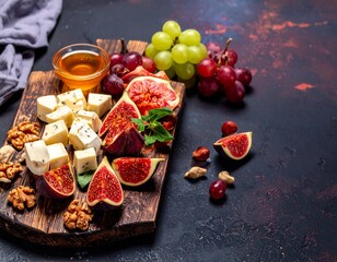 Fruit and cheese board with grapes, figs and nuts