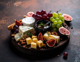 Fruit and cheese board with grapes, figs and nuts