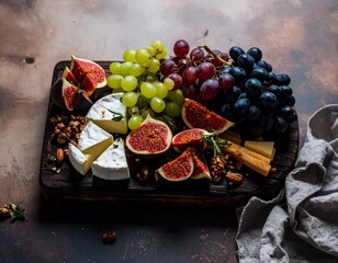 Fruit and cheese board with grapes, figs and nuts