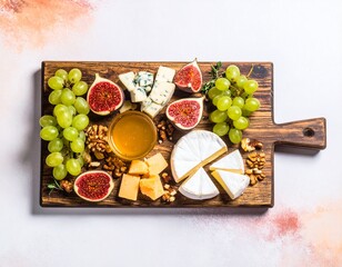Fruit and cheese board with grapes, figs and nuts