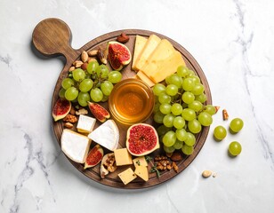 Fruit and cheese board with grapes, figs and nuts