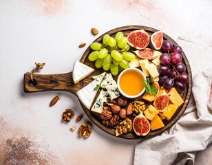 Fruit and cheese board with grapes, figs and nuts