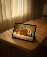 Digital display of luxury accessories including perfume, handbag, watch and lipstick on a tablet resting on a wooden table in soft evening lighting near sheer curtains.