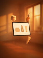 Conceptual composition of floating cosmetic items and a digital skincare interface, suspended in golden ambient light near window shadows for a magical online beauty experience.