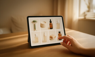 Person browsing skincare products on a tablet in warm natural light, showcasing oils, serums and creams with elegant minimalistic packaging in a cozy indoor setting.
