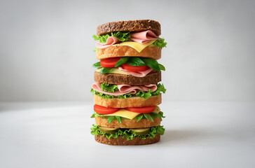 Layered stack of various bread types and fresh sandwich ingredients like ham, cheese, tomato and greens, artistically arranged in a tall vertical display.
