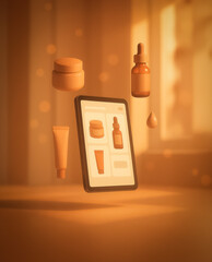 Digital screen with skincare icons floating in air surrounded by creams, serums and tubes in a stylized golden-lit scene, symbolizing futuristic online beauty retail.
