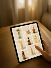 Finger browsing through a digital layout of premium skincare and wellness items in a soft and peaceful environment.