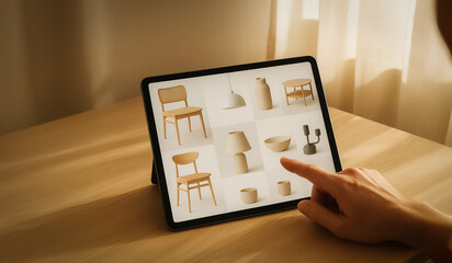 Minimalist tablet interface showing Scandinavian-style furniture and decor items, with a hand pointing to neutral-toned modern interior pieces in a sunlit room.