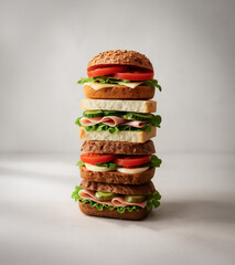 A tall, stacked arrangement of diverse gourmet sandwiches featuring fresh vegetables, cheese and deli meats, presented vertically against a clean neutral background.