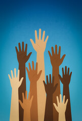 Paper-cut style graphic showing a diverse group of hands reaching up together, celebrating inclusion, solidarity, and shared goals on a blue gradient backdrop.