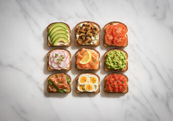 Minimalistic presentation of multiple creative sandwiches with fresh toppings like avocado, mushrooms, and salmon, placed in a grid layout over a clean marble surface.