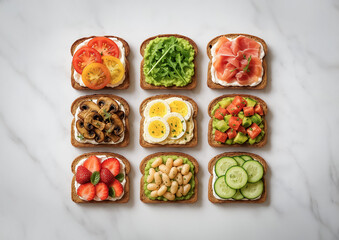 Top-down view of nine artistic gourmet sandwiches arranged in a 3x3 grid on a white marble background, featuring fresh vegetables, spreads, and colorful ingredients.