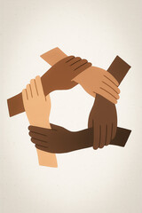 Illustrated circle of hands in different skin tones forming a loop, symbolizing unity, connection, and mutual support on a beige textured background.