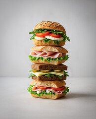 Visually appealing sandwich stack with layers of artisan bread, lettuce, ham, cheese, and tomato, styled for a commercial food image on a plain backdrop.