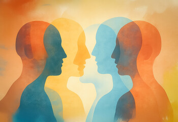 Conceptual illustration showing human silhouettes in overlapping warm and cool colors, portraying unity in diversity, dialogue, and mutual recognition through shared space.