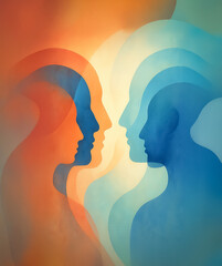 Stylized human profiles in warm and cool tones blending seamlessly, suggesting emotional connection and the merging of ideas or identities in a conceptual artwork.