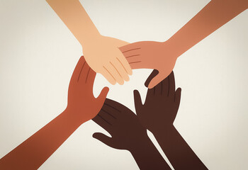 Minimal vector artwork of hands touching in a circle, representing cooperation and shared vision among diverse individuals with varied skin colors.