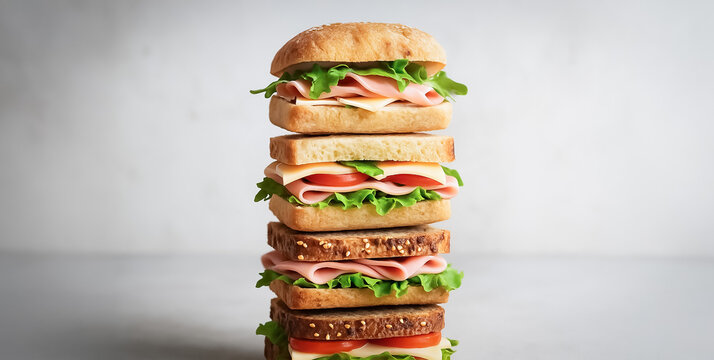 Tower of square and round sandwiches stacked neatly with layers of ham, cheese, tomato and lettuce, combining different bread styles in one structured image.