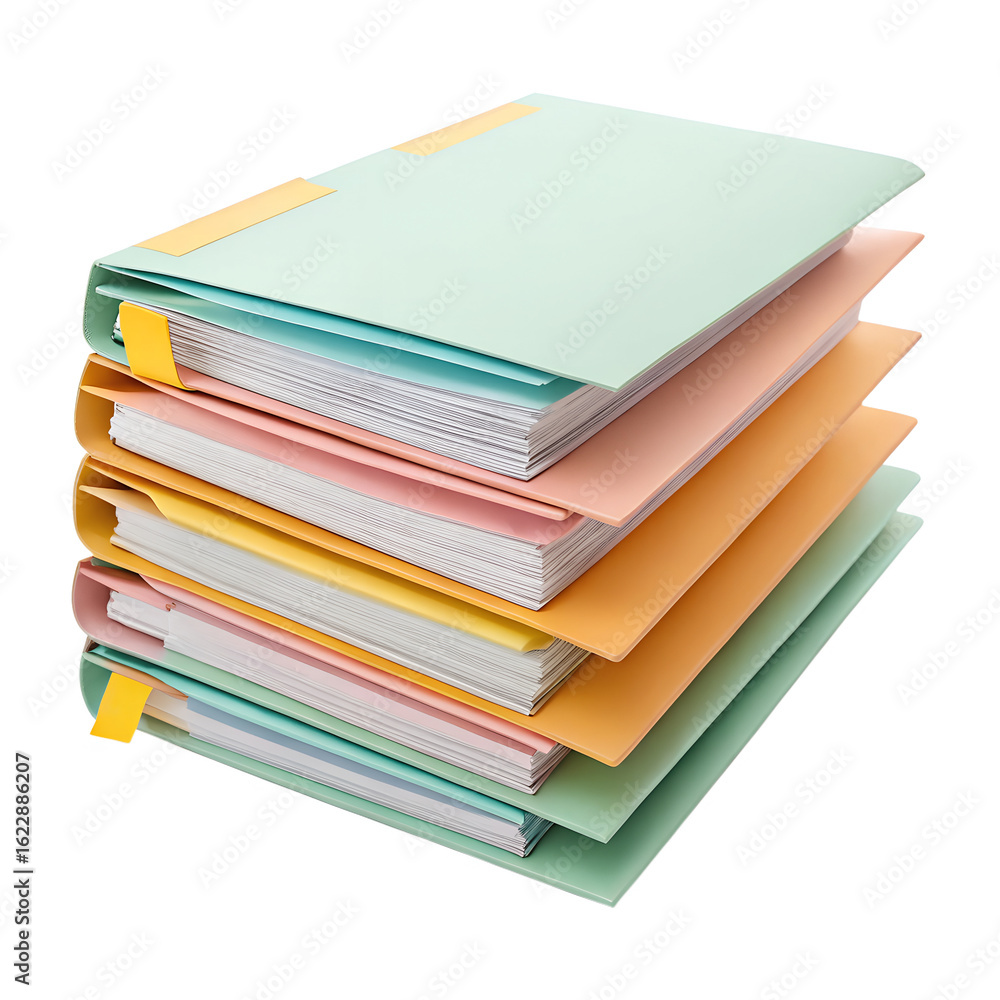 Poster stack of colorful binders with tabs isolated on transparent background