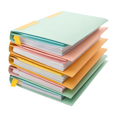 Stack of colorful binders with tabs isolated on transparent background