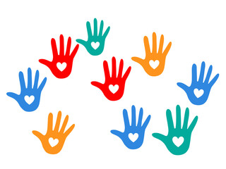colorful hand prints with love shape in the middle vector illustration