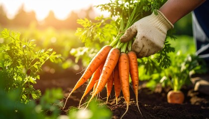 A gloved hand holds a bunch of freshly harvested carrots in a garden, with sunlight filtering through the green foliage.