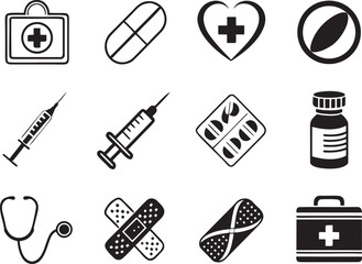 Health Medical Icons in Silhouette on White Background  Premium Vector Set