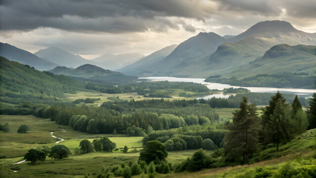 Dramatic scottish highlands landscape with moody clouds over a serene lake and verdant rolling hills - Powered by Adobe