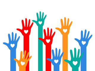 Colorful flat vector illustration of raised hands symbolizing community, care and love