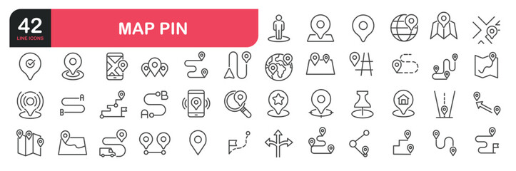 Set of line icons related to map pin, location, GPS. Outline icons collection. Editable stroke. Vector illustration