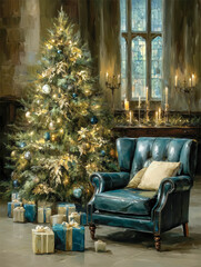 Fototapeta premium Elegant Christmas tree with gifts beside a cozy armchair in a classic room.