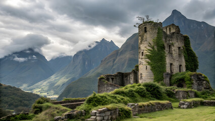 Ancient stone tower ruins overgrown with vines set against dramatic mountain landscape under cloudy sky