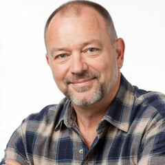 Obraz premium Confident Man: A portrait of a mature, confident man in a casual button-down shirt, exuding warmth and approachability with a friendly smile.